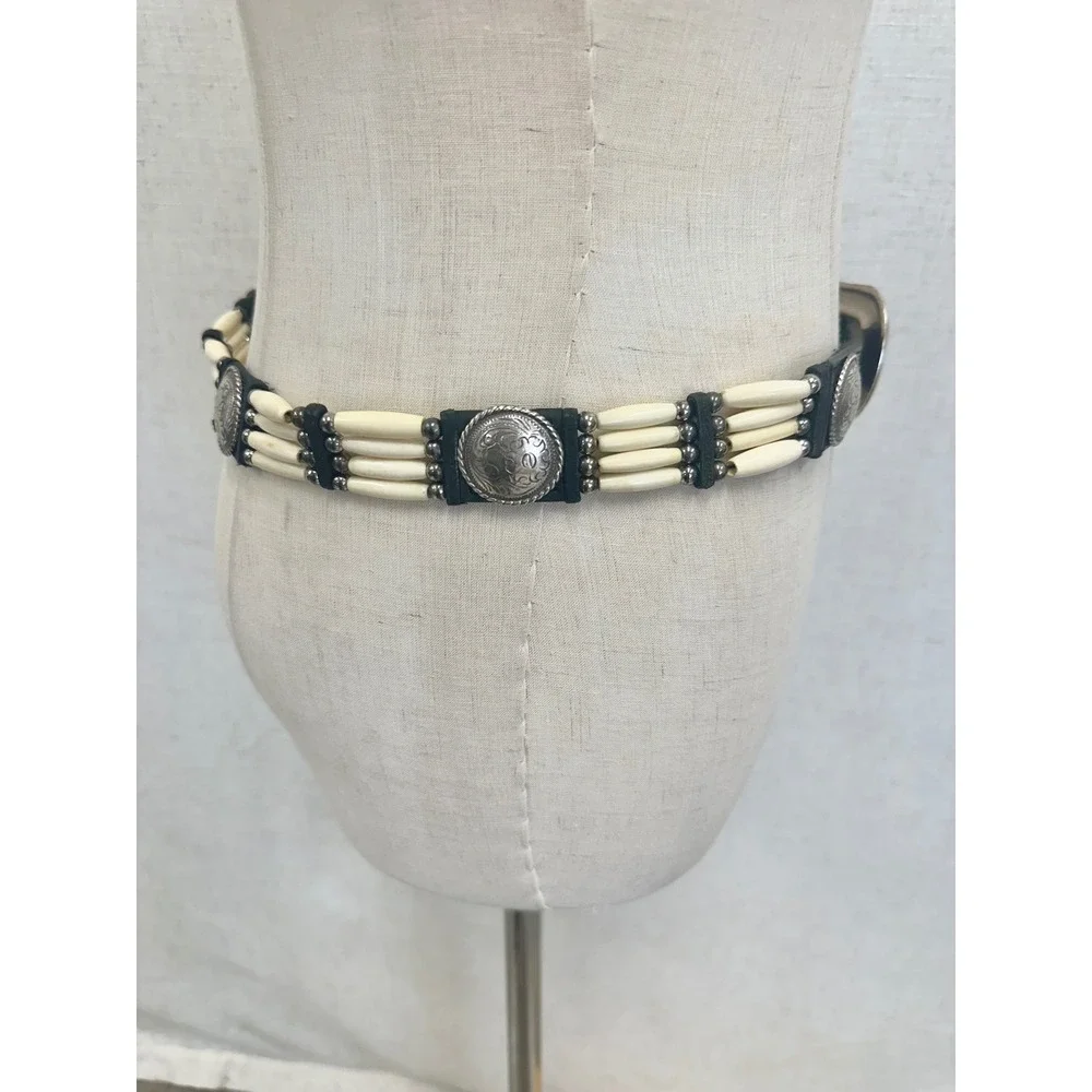 Tony Lama Black Leather Hairpipe Bone Concho Western Belt 32 Cowgirl Boho Rodeo